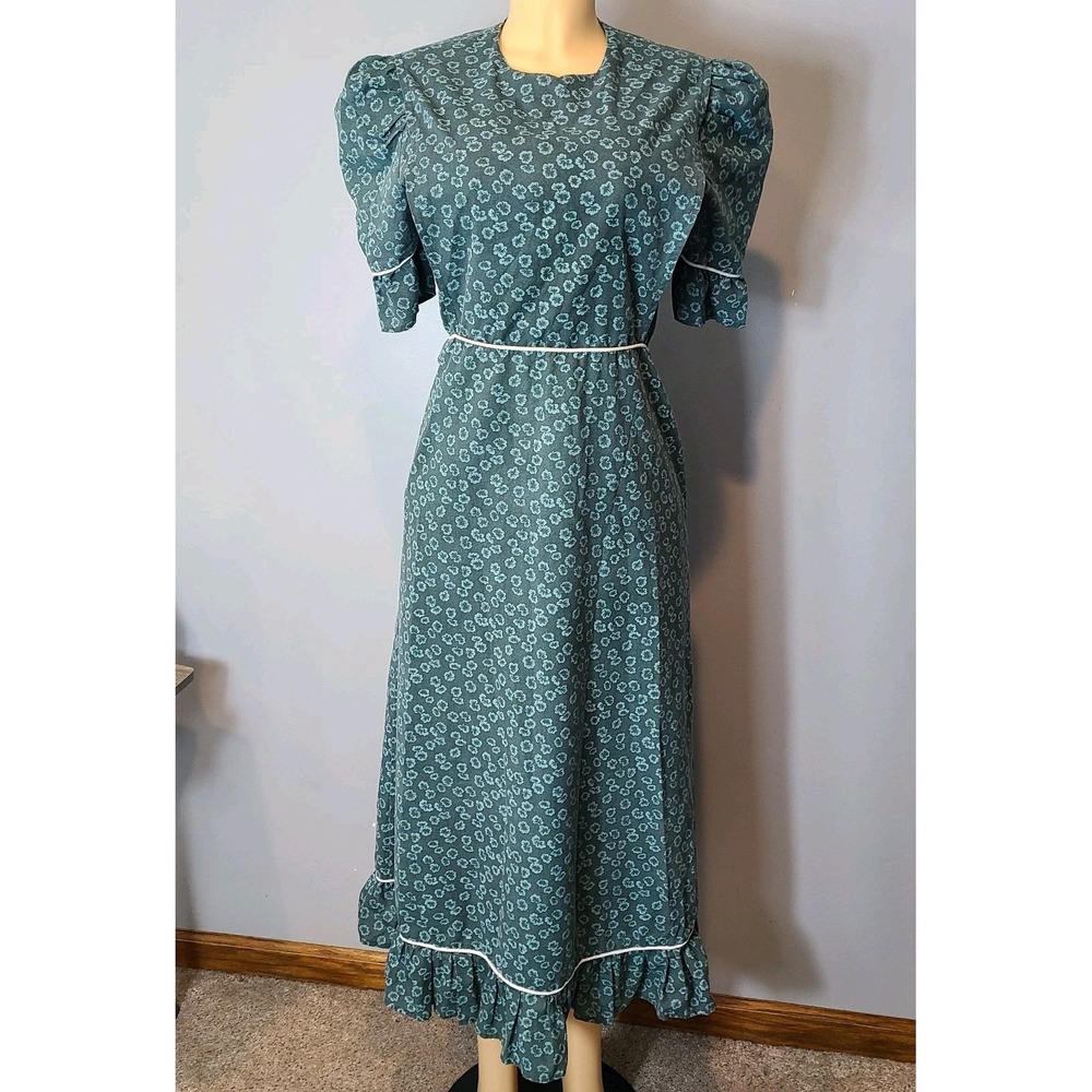 Vtg 70s Handmade Floral Maxi Dress Sz S  Garden Party Green Prairie Victorian